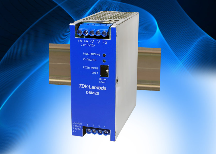 Power Supplies 24Vdc 20A DIN rail mount buffer (hold-up) module has a narrow 49mm width